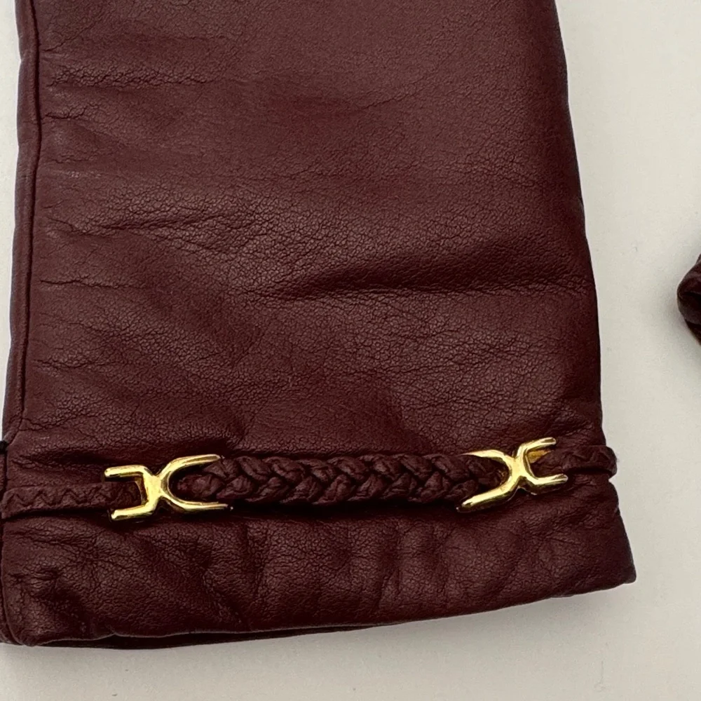Vintage Van Raalte Ladies M Oxblood Leather Gloves with Gold Tone Details